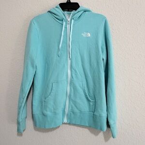 The North Face Women's Light Blue Full Zip Hoodie Size L Logo Sweatshirt